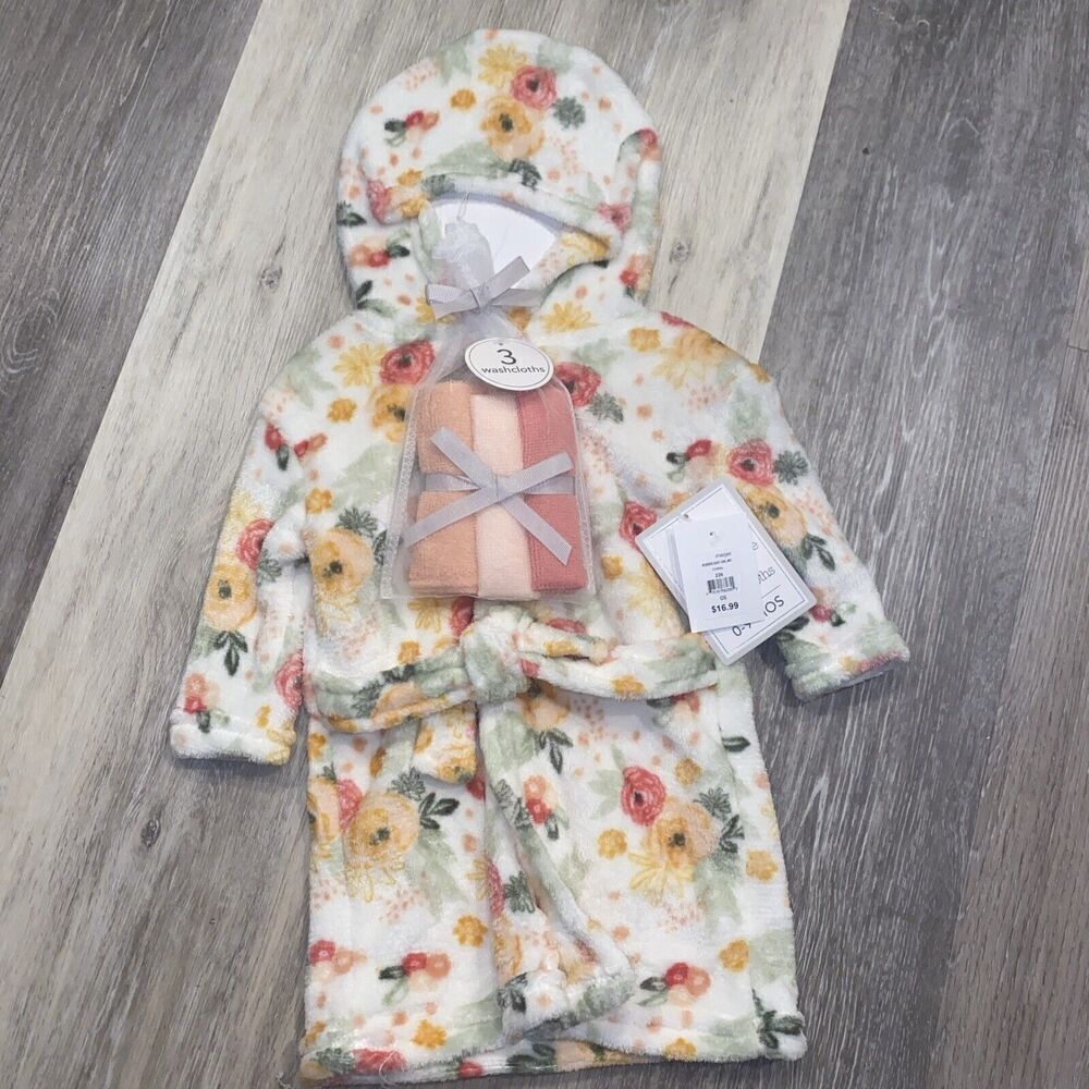 Baby Essentials Gift Set. Baby Girl  Hooded Plush Robe Snuggle Toy Lovey NEW